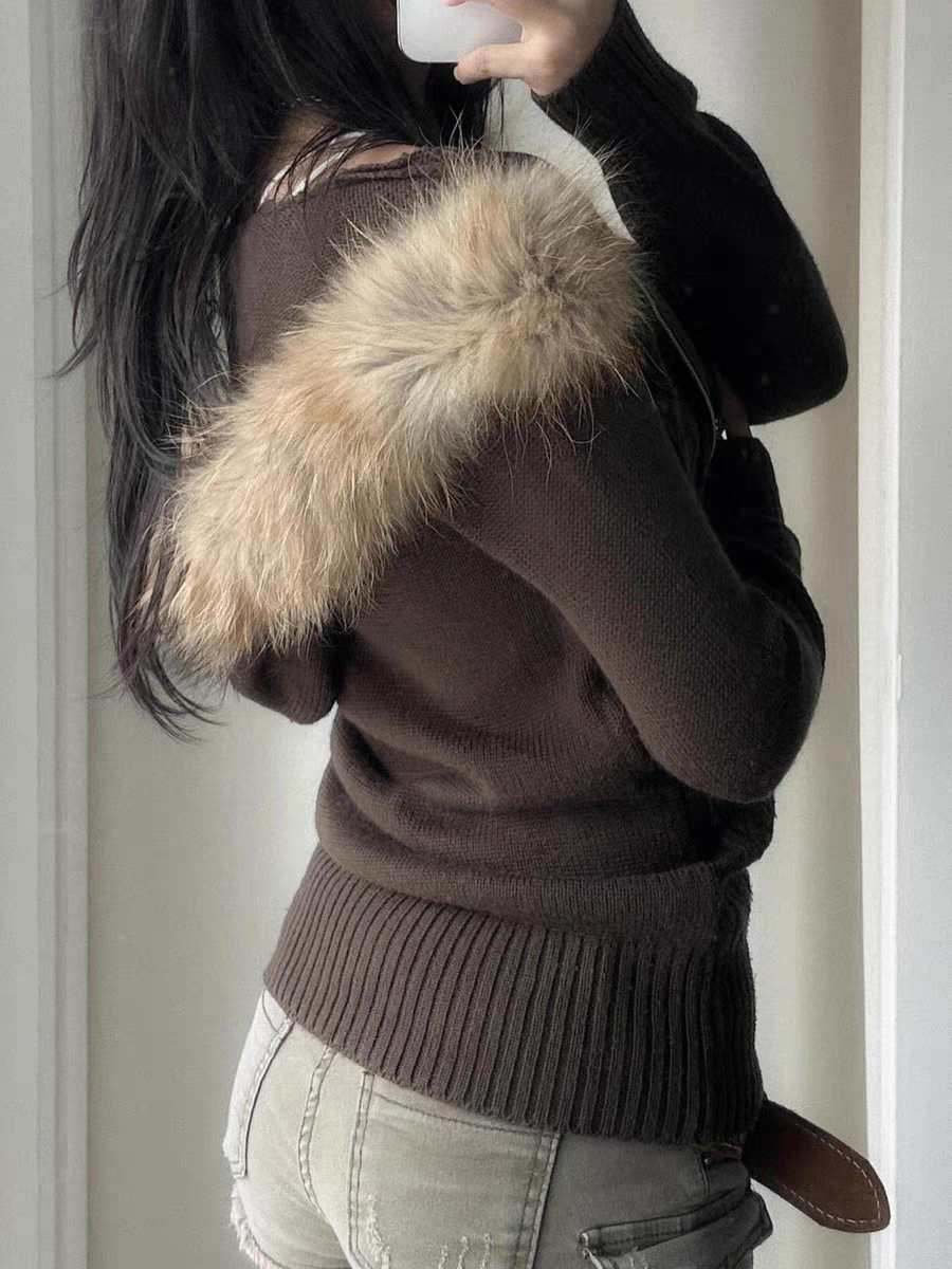 Retro twist hooded zipper knitted cardigan