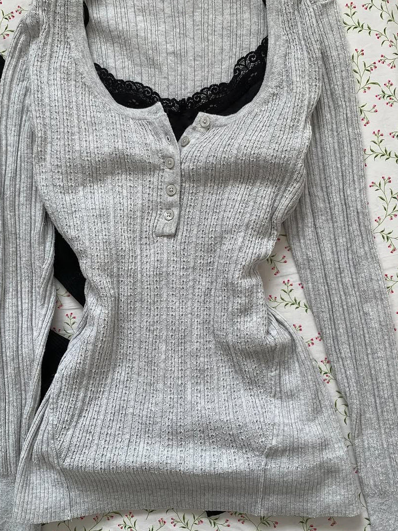 lace suspender U-neck long-sleeved top