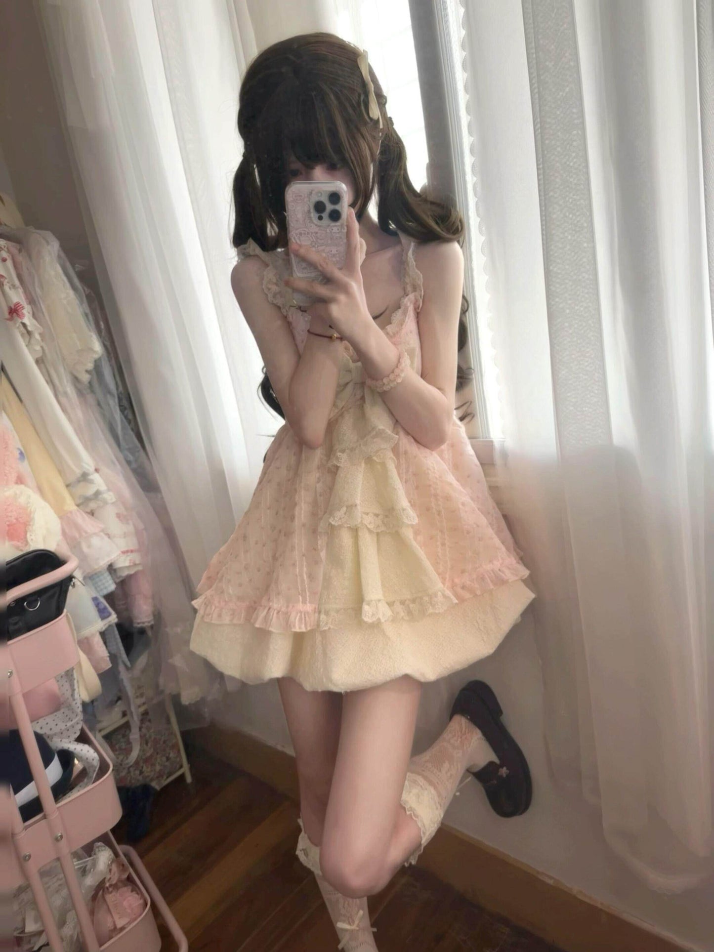 Lace Bow Puffy Dress 2-Piece Set