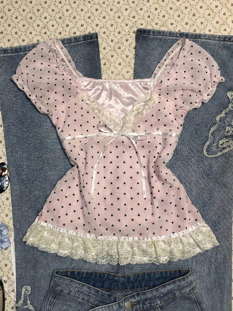polka dots pink lace shirt
