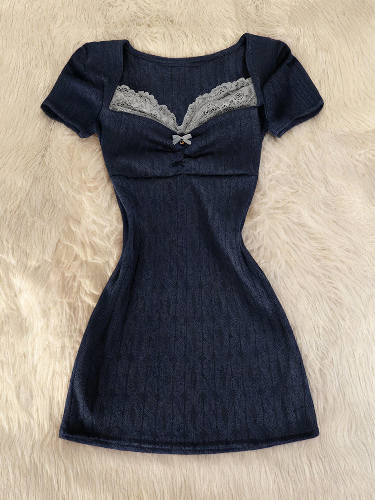 lace bow navy knit dress