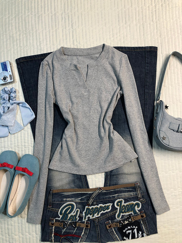 Gray Round Neck Long Sleeve Top