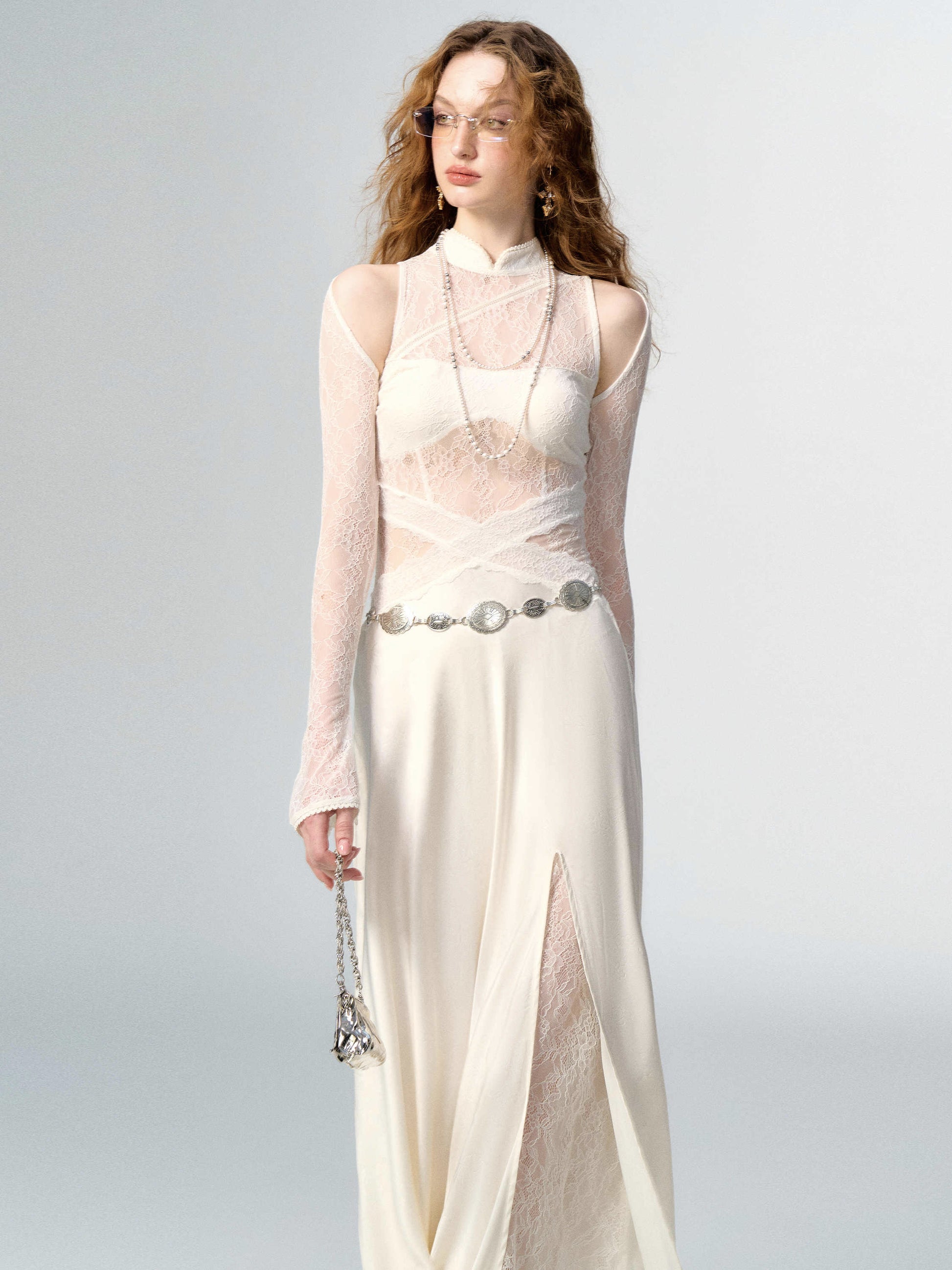 Lace Spliced Satin Parade Slit Acubi Dress