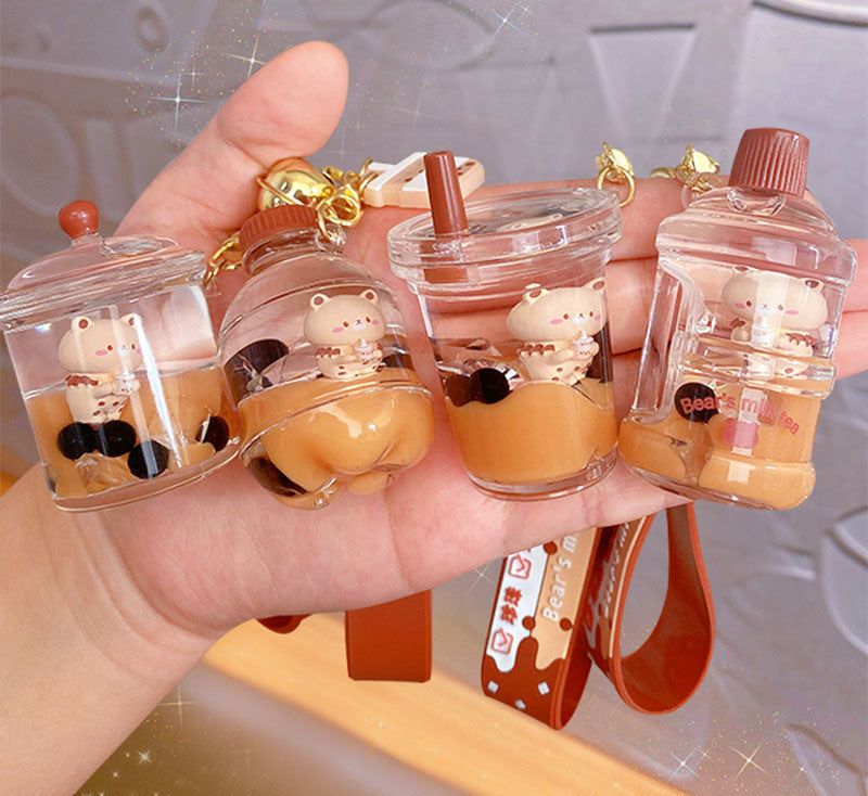 Pearl milk tea cup bear quicksand pendant