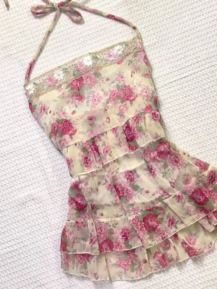 French Girly Floral Halter Chiffon Camisole
