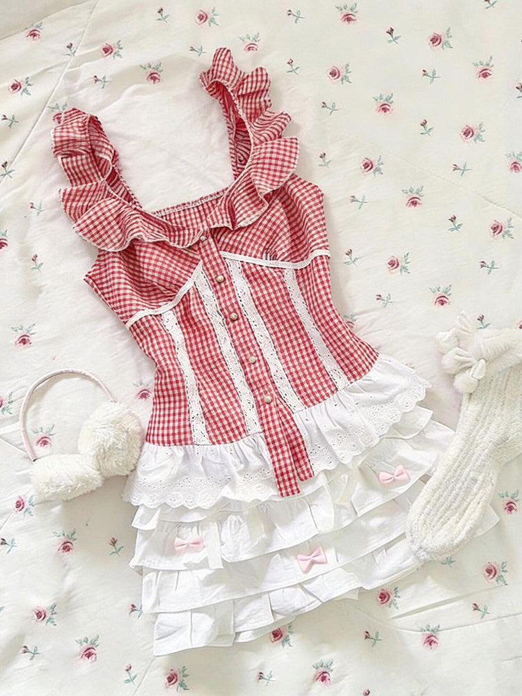 retro plaid red ruffled tank top
