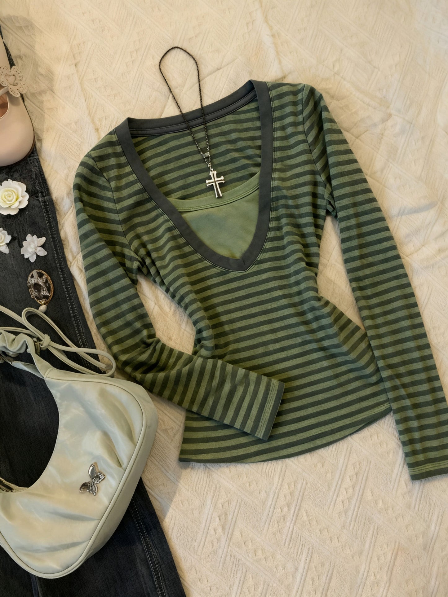 y2k retro striped long-sleeved top