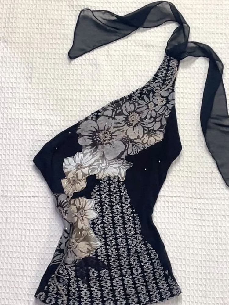 black flower mesh strap top