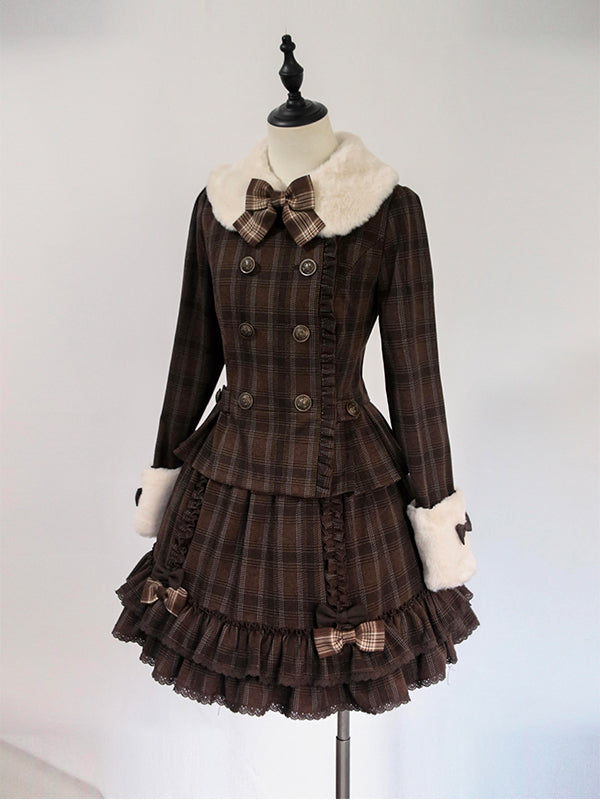 retro brown plaid lolita coat + skirt