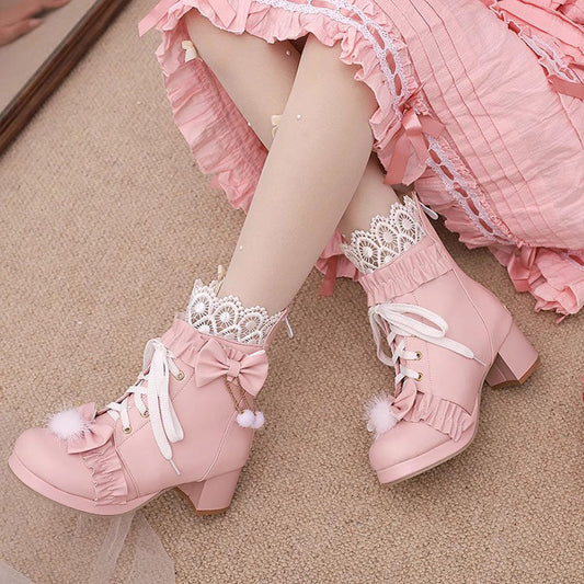 Bowknot Stitching Lace Sweet Gorgeous Lolita Boots 3 Colors Pink