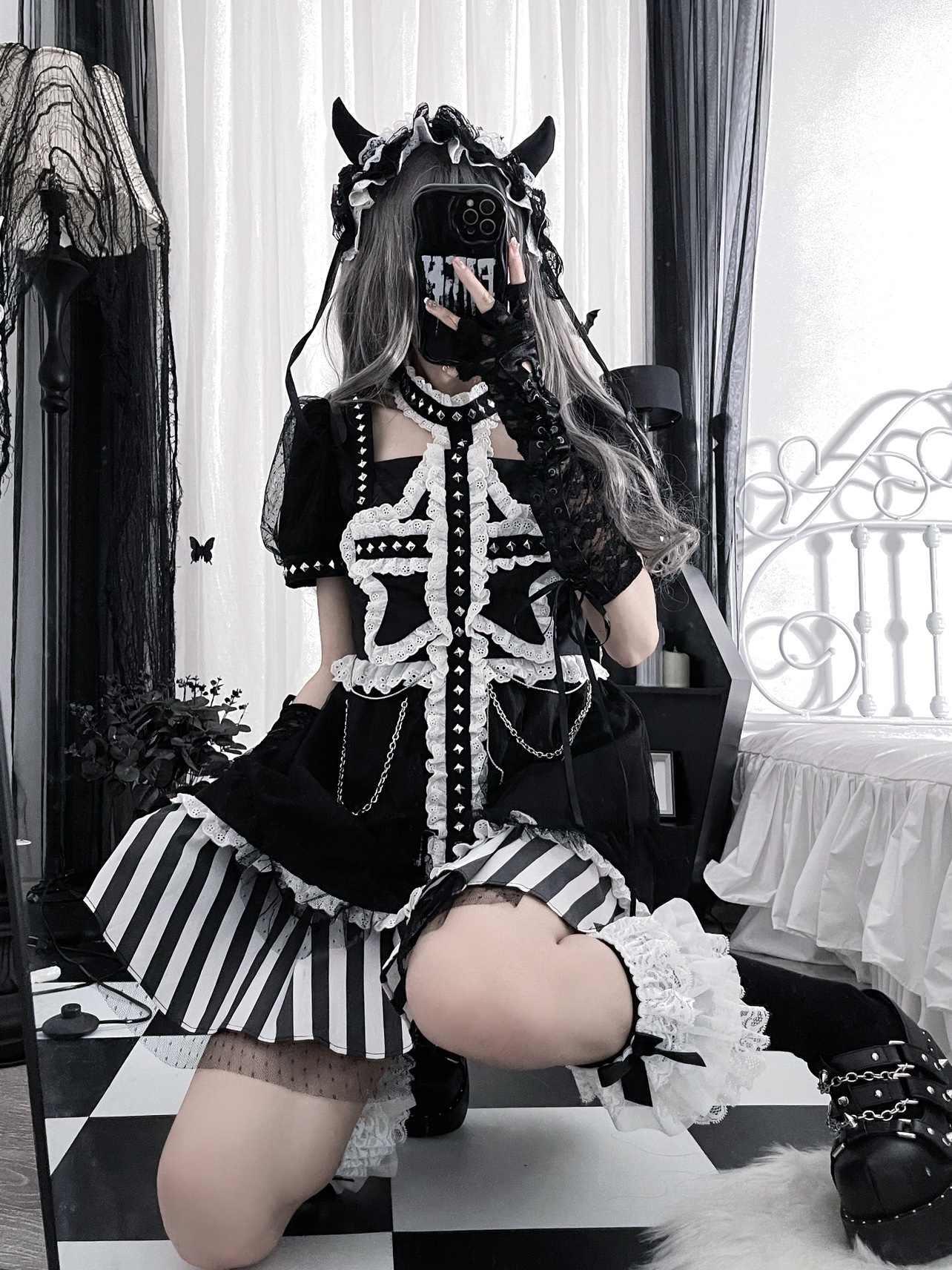 Cross Star Goth Puff Sleeve Dress