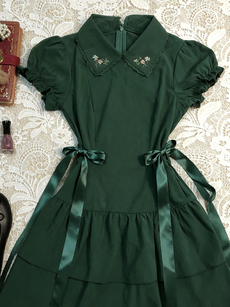 retro green lapel puff sleeve dress