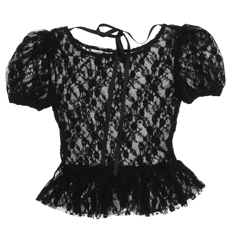 Jacquard Lace Mesh Puff-sleeve Top