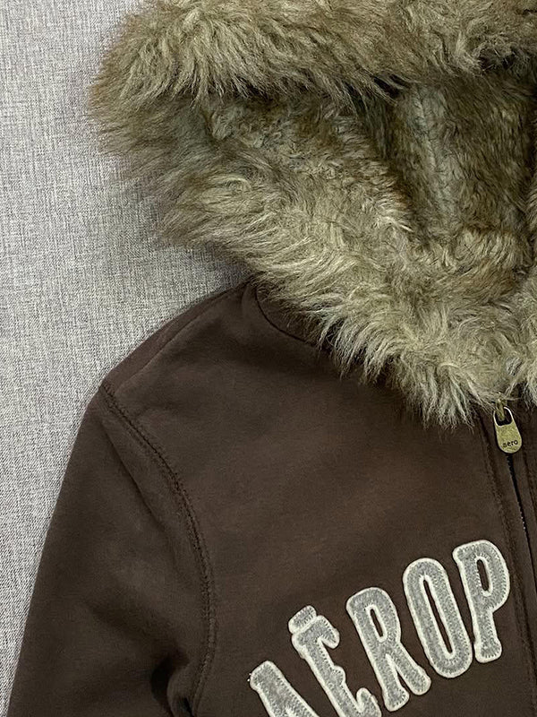 Brown Letter Fleece-Lined Hooded Jacket
