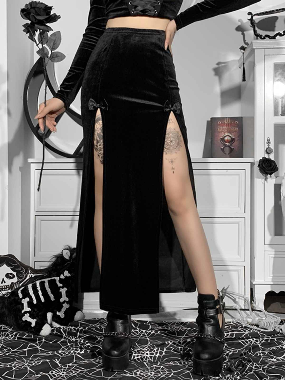 Gothic Velvet Slit Dark Coquette Skirt