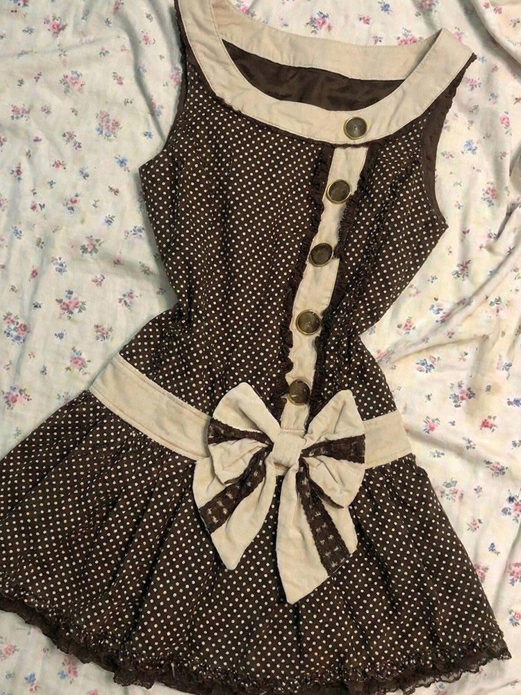 brown sleeveless bow dress