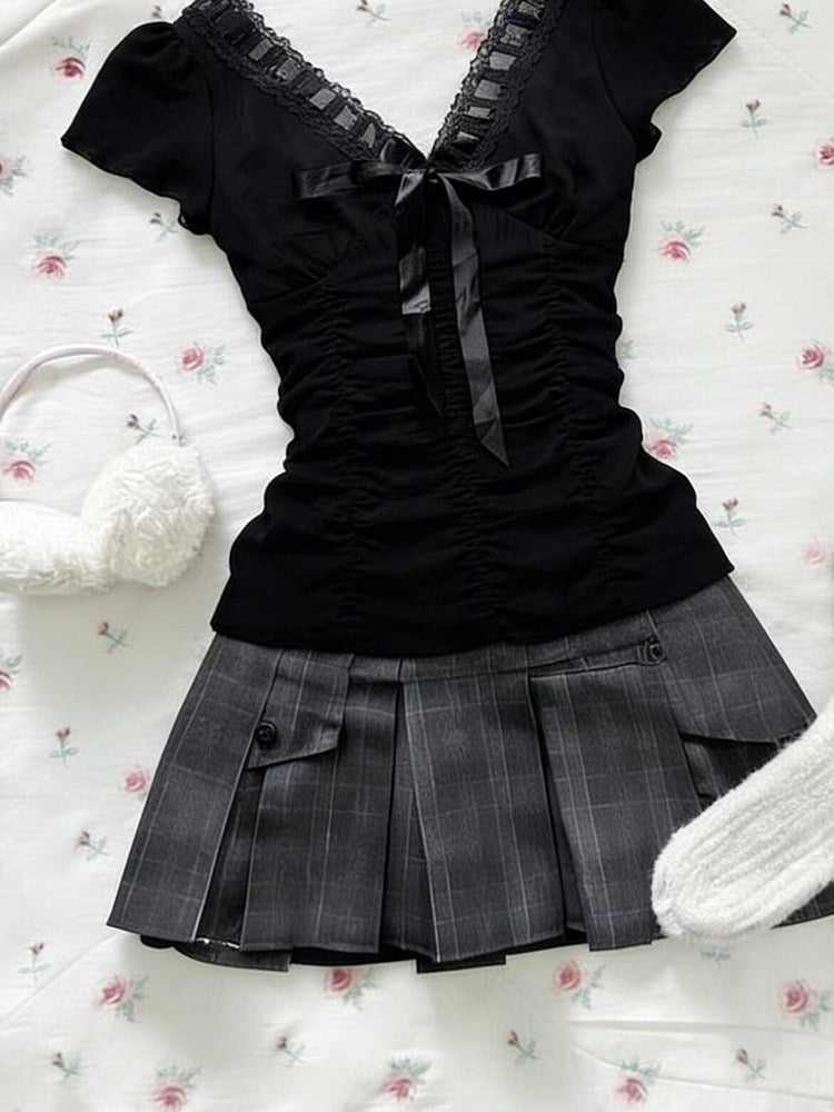 dark coquette bow lace shirt