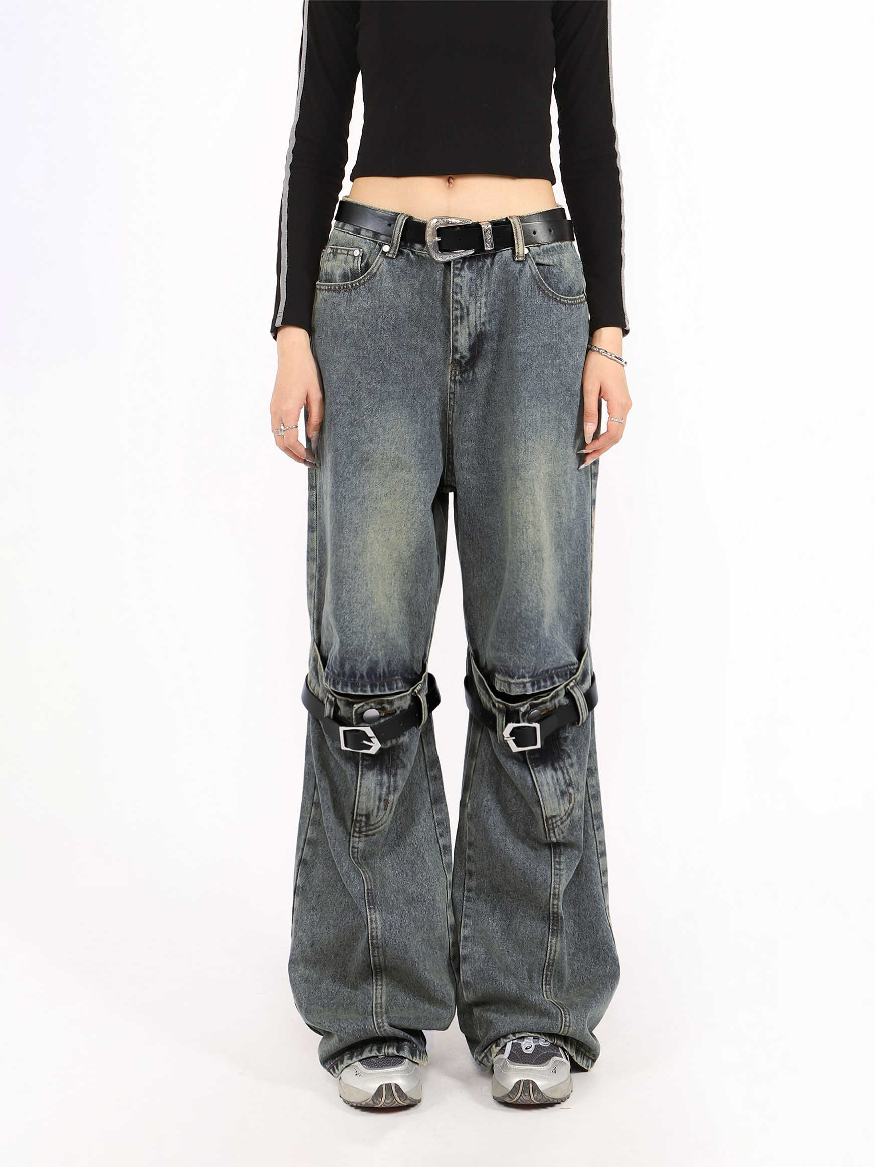 Grunge Ripped Distressed Belt Buckle Jeans