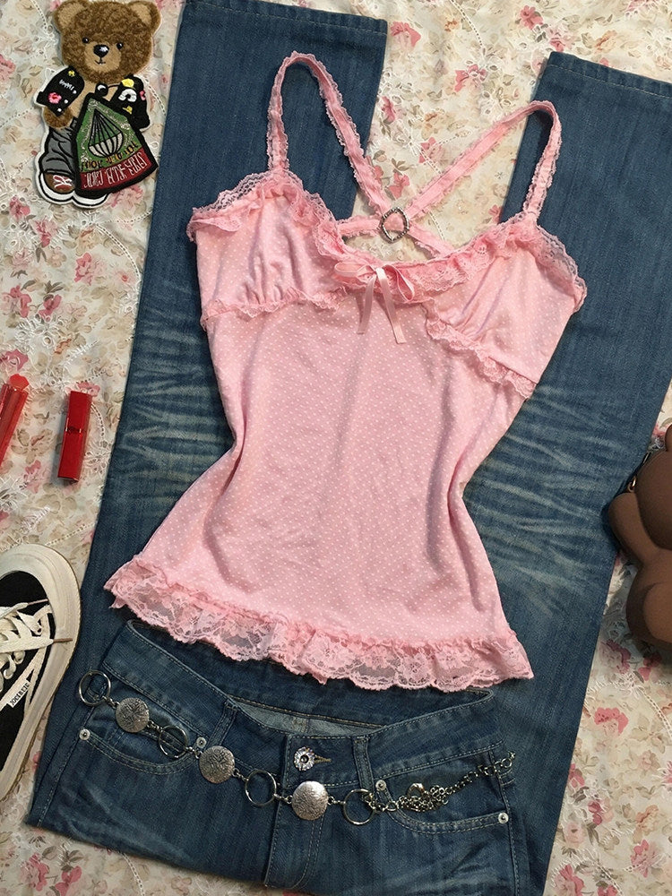 pink lace straps tank top