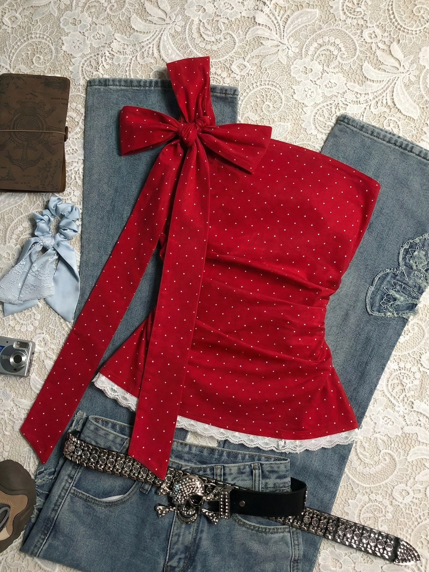 red off-shoulder strap crop top