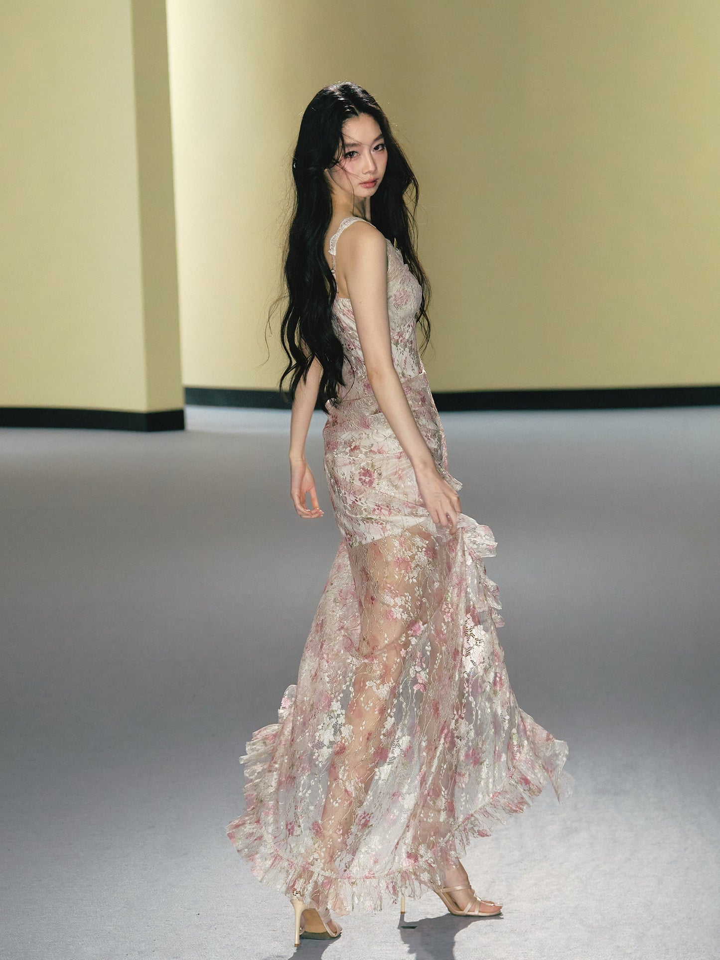 Misty pink lace patchwork fitted cami maxi dress