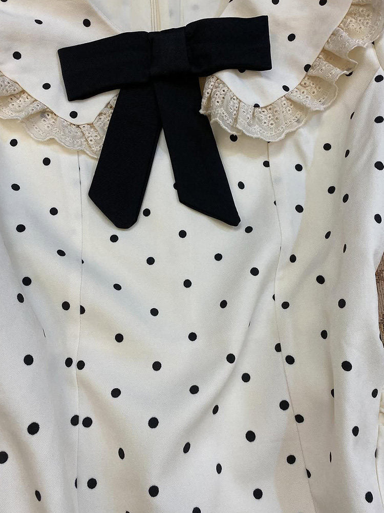 French white bow polka dot dress