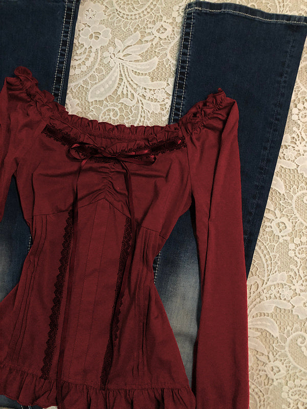 retro red lace bow strap long-sleeved top
