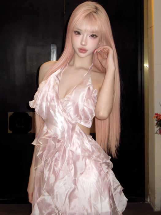 Pink Gradient Multi-layered Gauze Halter Backless Dress