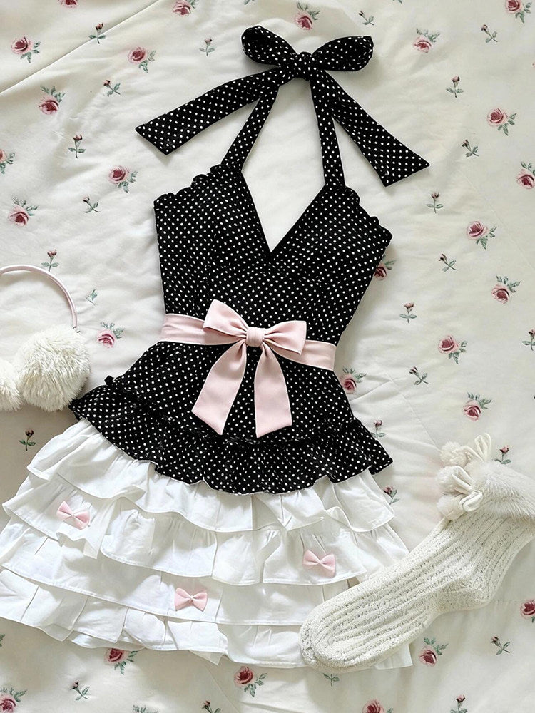 polka dot bow halter-neck dress