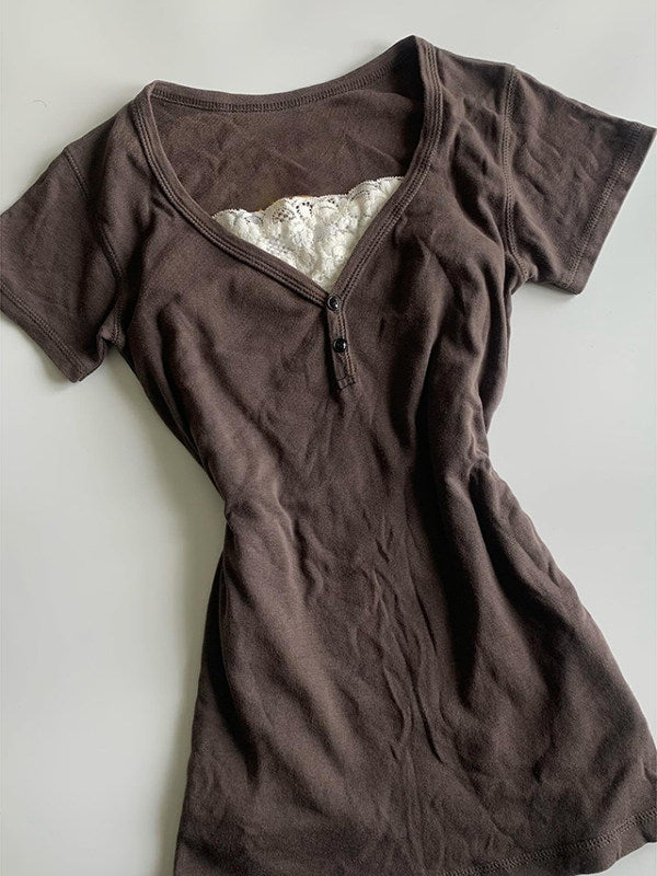 brown lace v-neck shirt