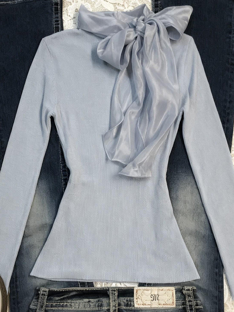 retro blue ribbon long-sleeved shirt