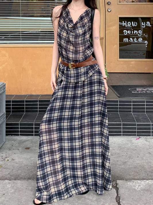 Retro Plaid Collar Camisole + Skirt Suit