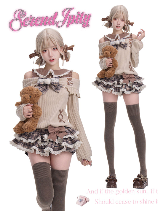 brown plaid bow kawaii jumper
