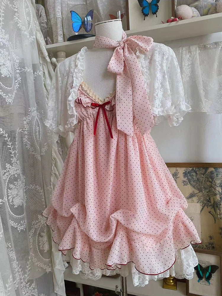 vintage polka dots pink ruffled dress