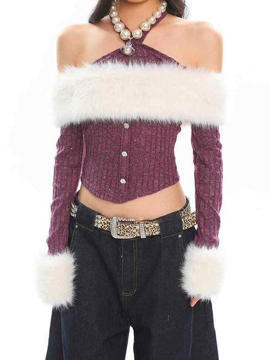 Fur Collar Off-shoulder Knitted Sweater