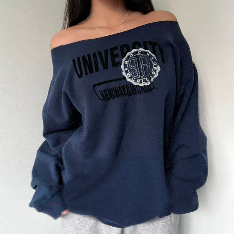 Casual Blue Off Shoulder Sweatshirt