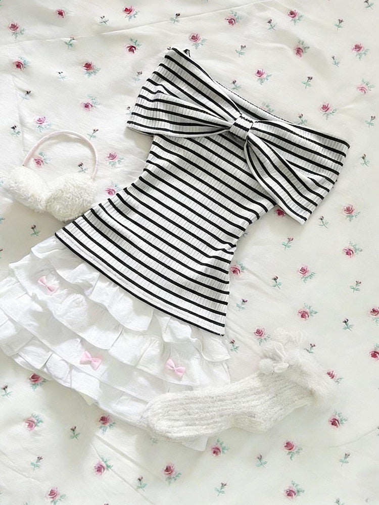 striped bow off-shoulder shirt