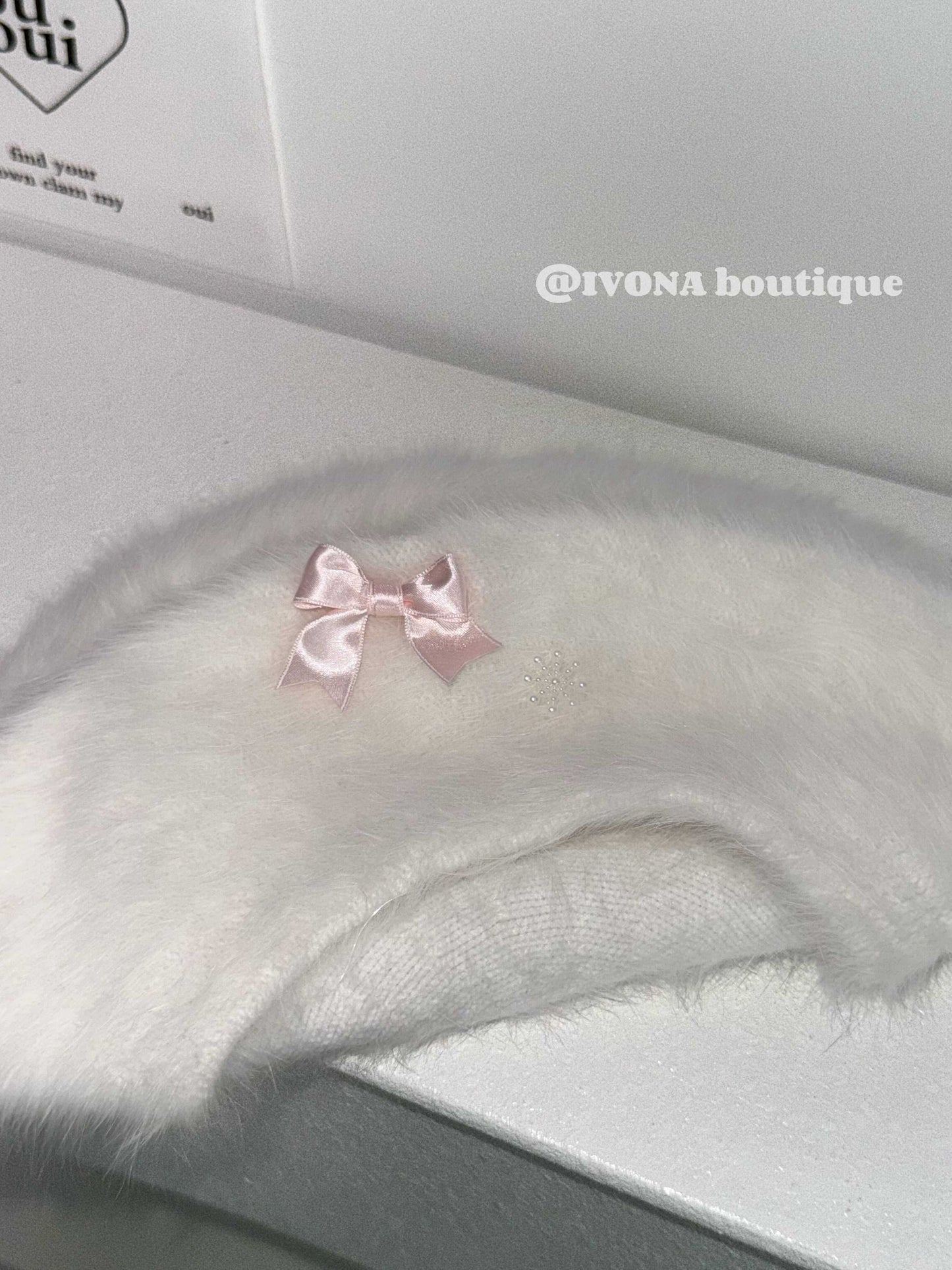 bow white fur kawaii hat