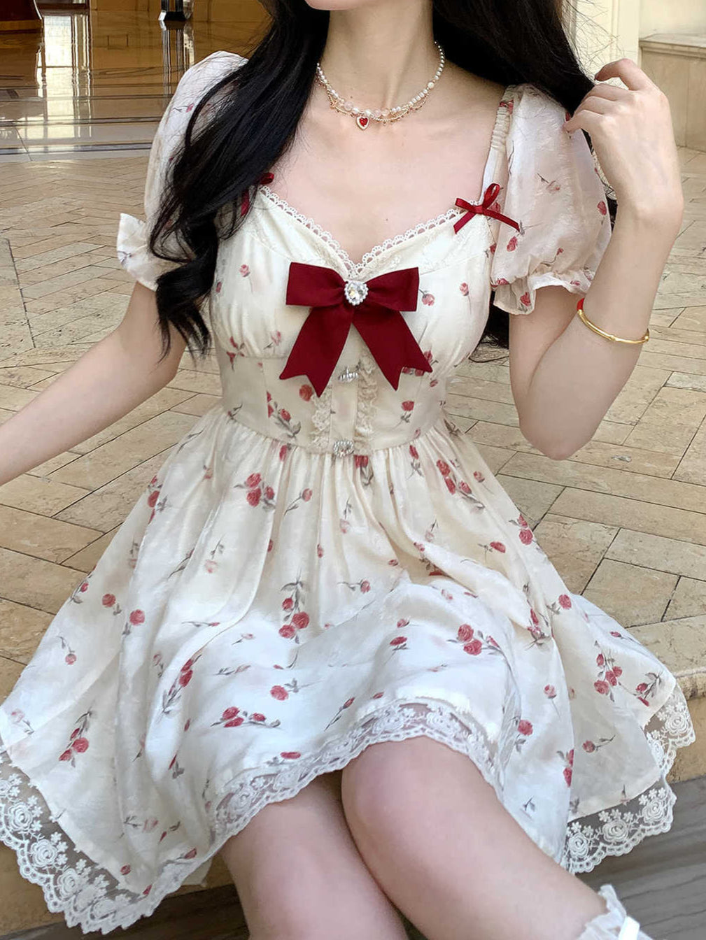 Red Bow Floral Lace Dress