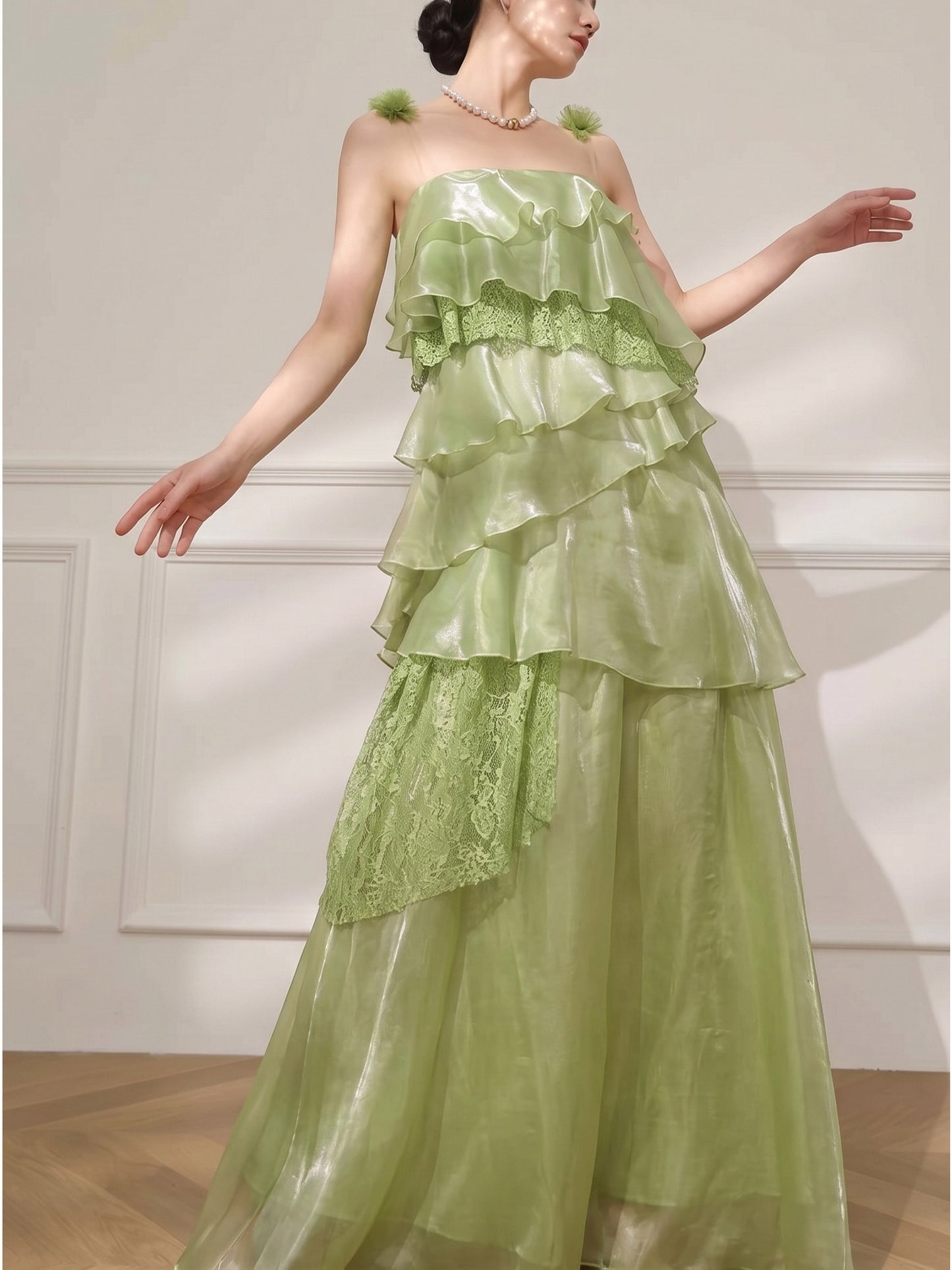 Stylish green strapless/halter layered cake maxi dress