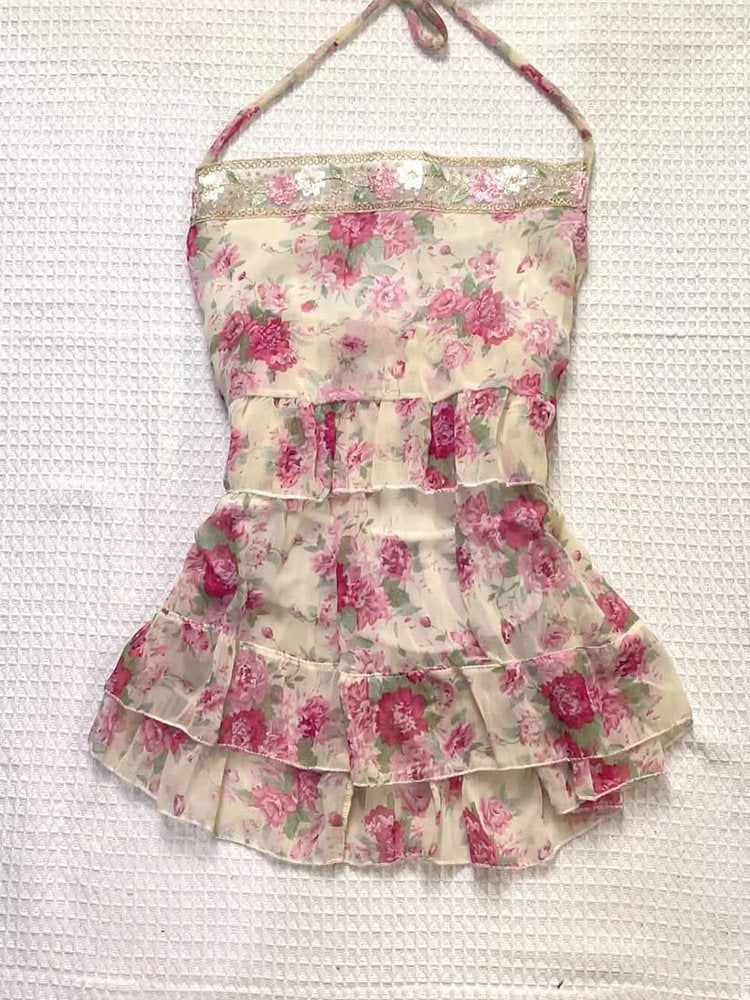 French Girly Floral Halter Chiffon Camisole