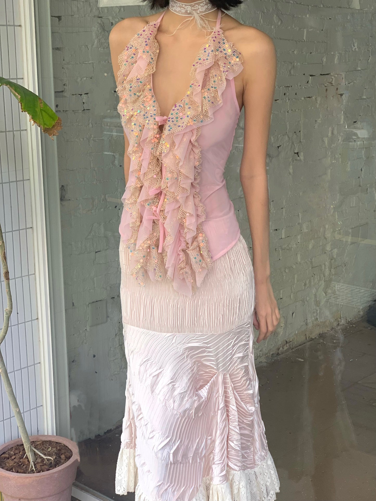 Sequin Ruffle Halter Neck Camisole Top