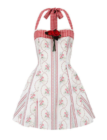 French Pastoral Halter Neck Floral Dress