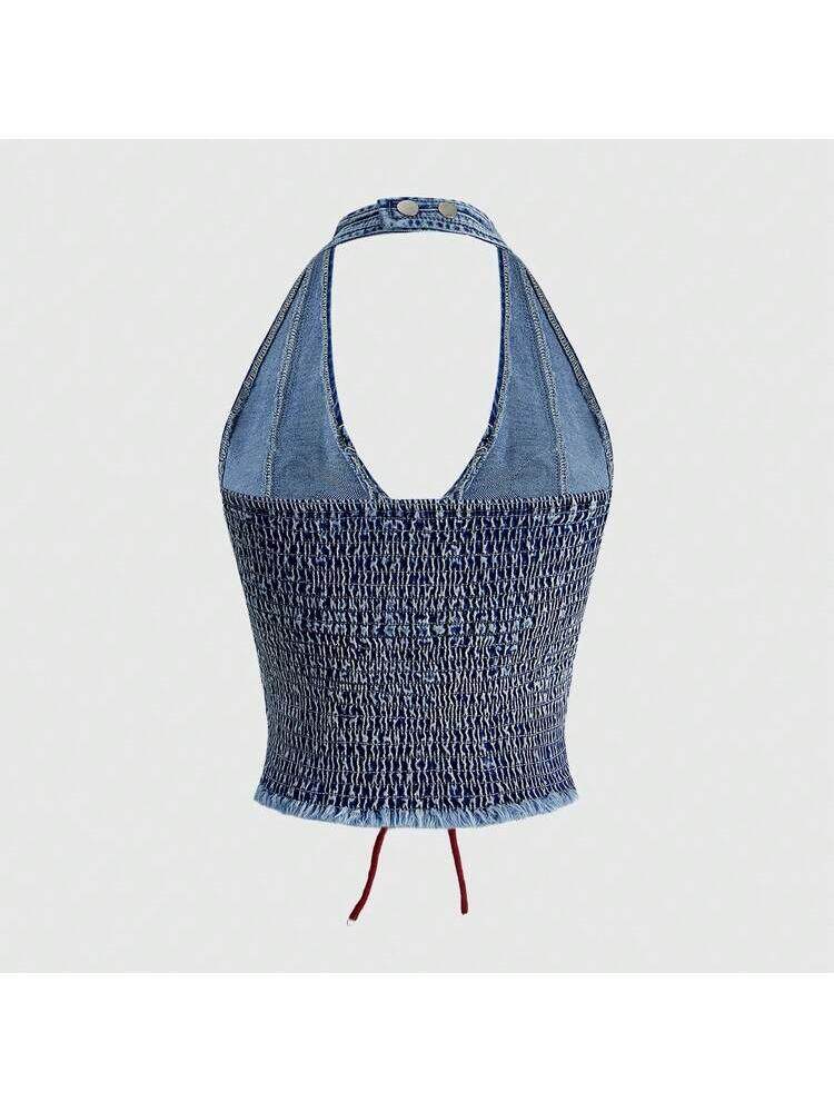 Vintage Print Denim Halter Top