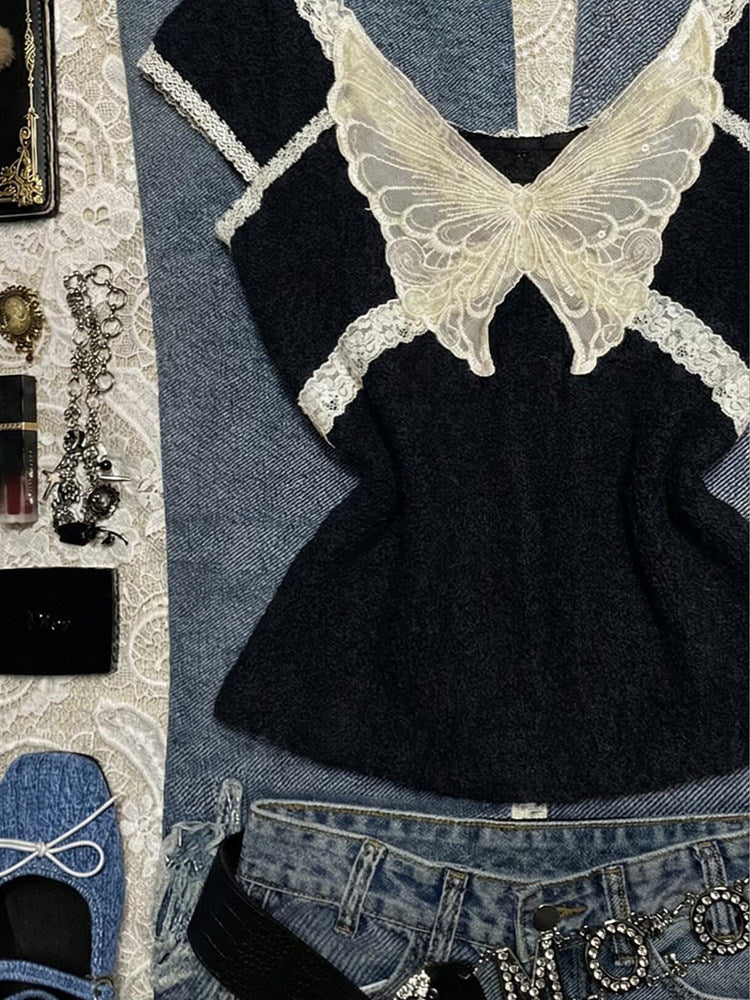 lace butterfly black shirt