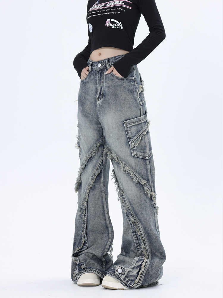 Grunge Splicing Raw Edge Baggy Jeans