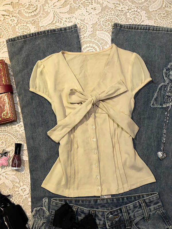 Yellow Bow Tie V-neck T-shirt