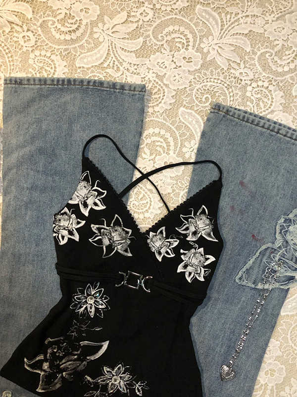 Black Printed Flower Tank Top