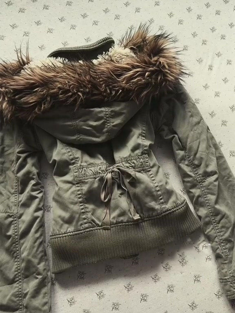 Retro fur collar hooded cotton jacket