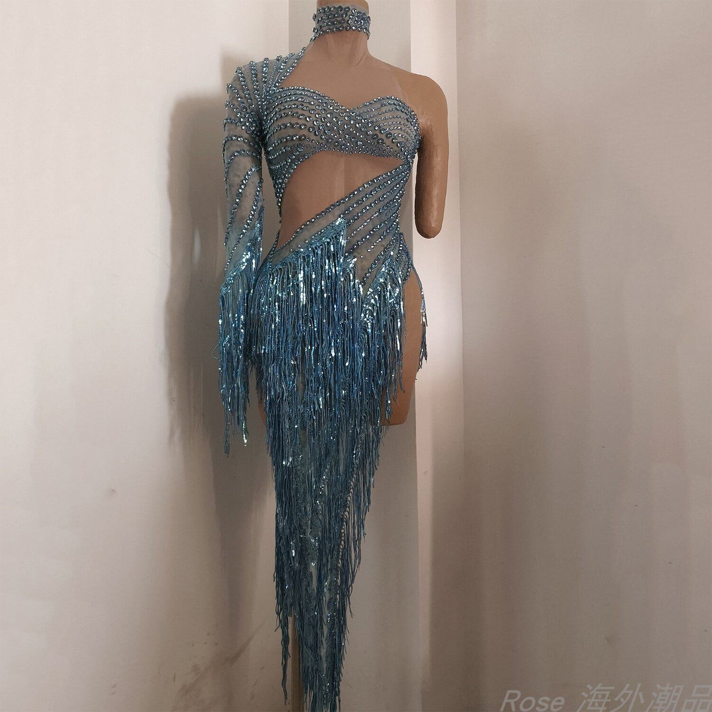 Blue one-shoulder rhinestone fringe dress